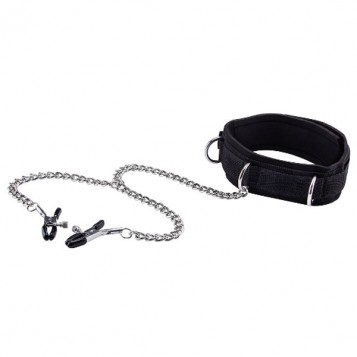 Ouch Velcro Collar With Nipple Clamps Black